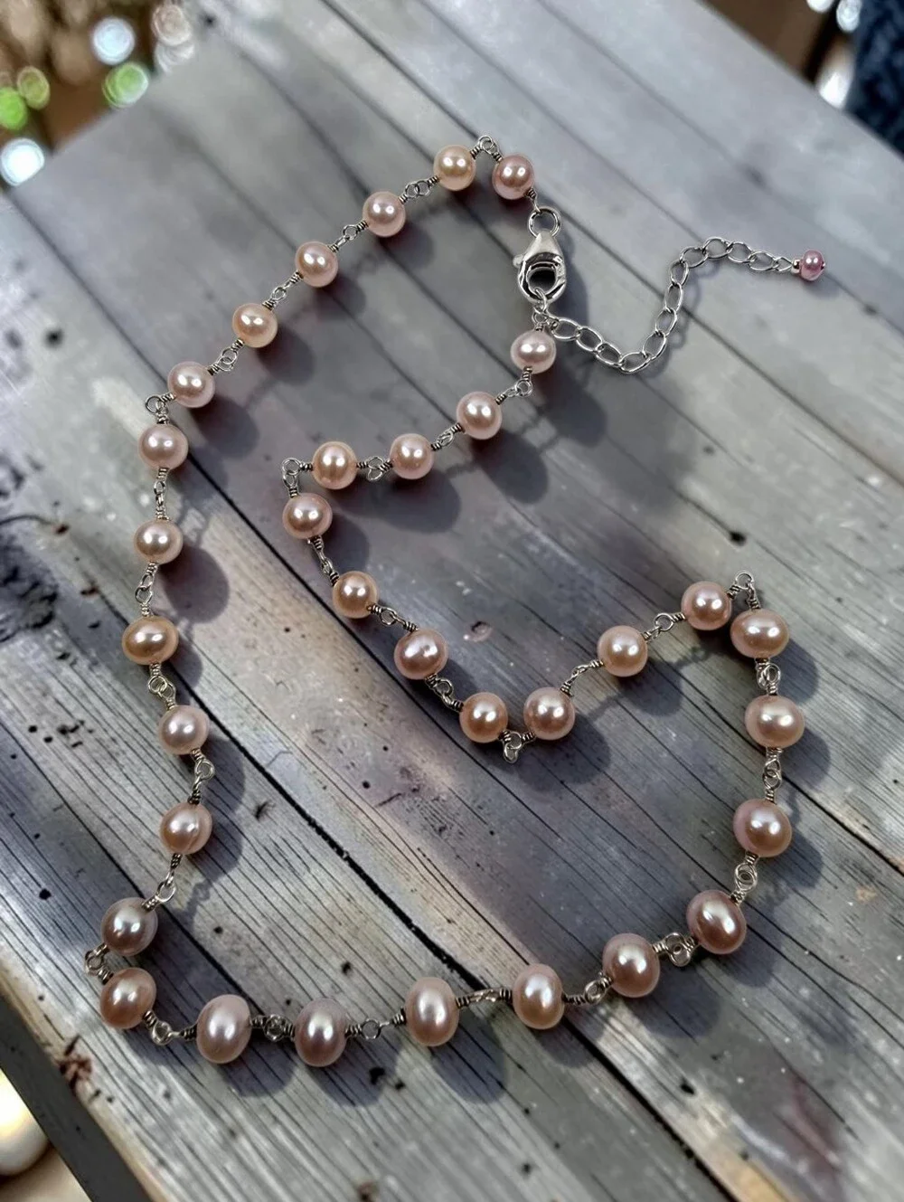 Dainty Vintage Pearl Necklace Pale Pink 925 Sterling Silver and Chain Extender